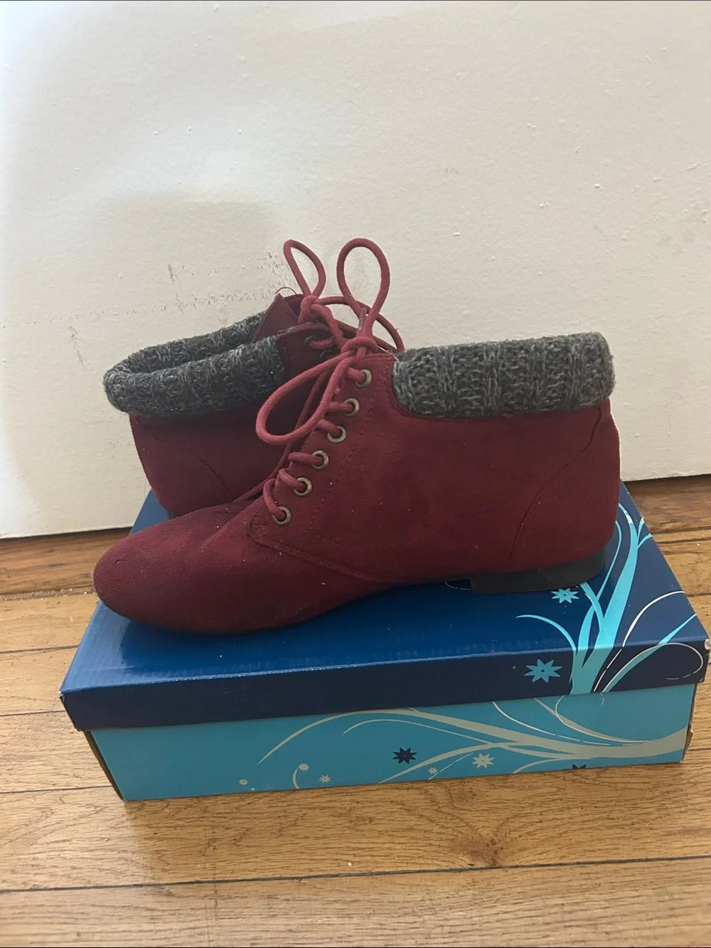 Rouge Burgundy Faux Suede Knit Cuff Lace Up Ankle Boots 🌹